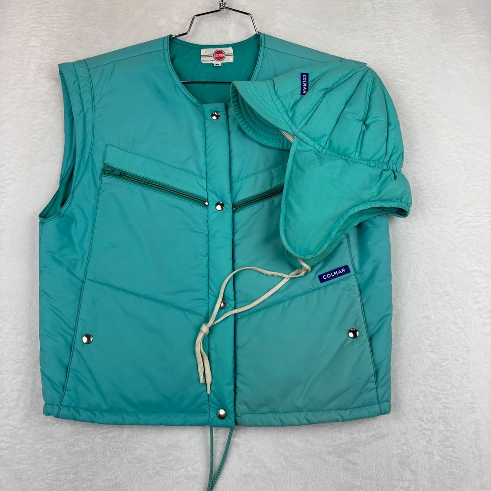 Vintage Colmar Turquoise Puff Ski Vest and Matching Earflap Hat Italy 38 CB5-25